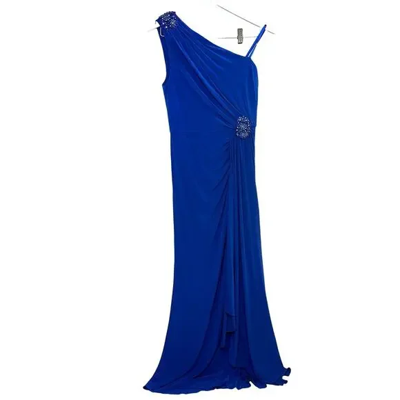 ADRIANNA PAPELL Draped One-Shoulder Jersey Blue Gown 6 NWT - Picture 7 of 10
